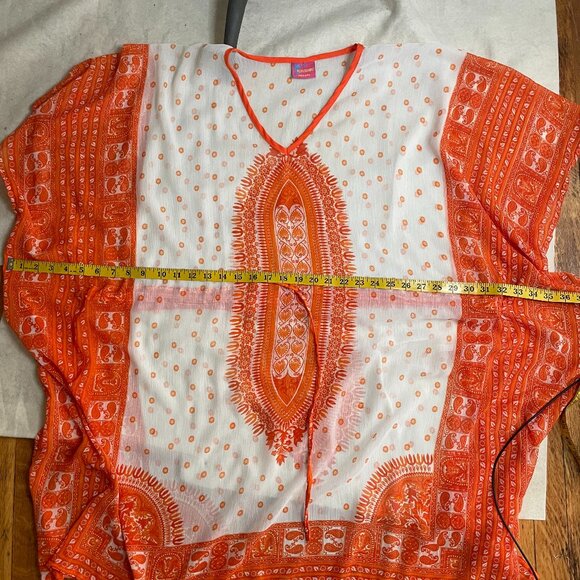 Khushbu orange and white short caftan coverup, one size - Picture 5 of 5